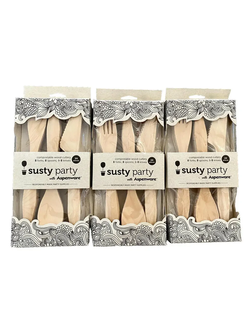 Lot of 3 Packs: NEW Susty Party Aspenware Compostable Wood Cutlery Sets 24 Pc/Pk